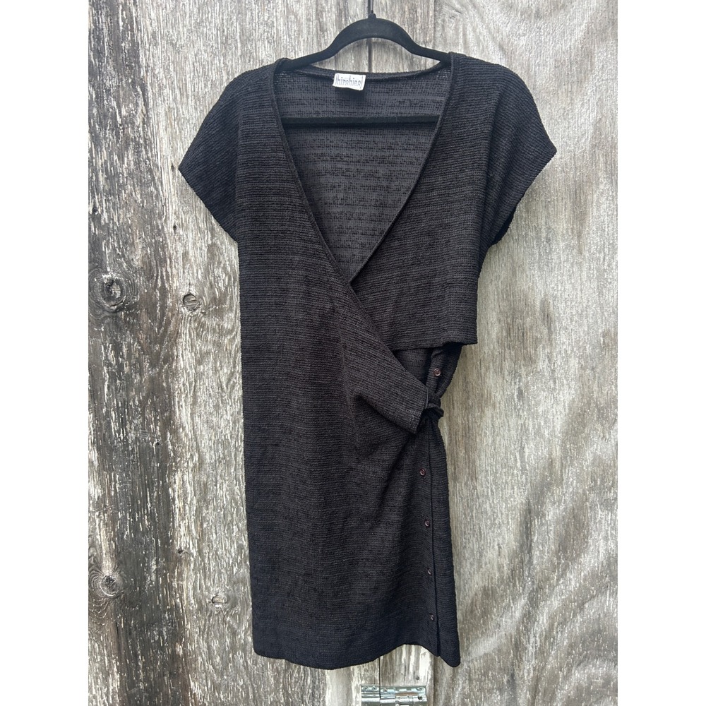 VTG Black Wrap Knit Mini Dress Tie Waist 90s Minimalist Cottagecore Boho